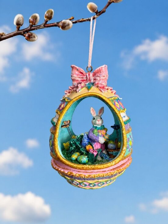 Artisan Other - Glittered Easter Bunny Egg Diorama Ornament Pastel Spring Decor 4
